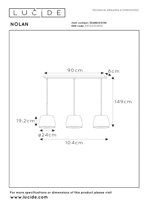 Lucide NOLAN - Hanglamp - 3xE27 - Zwart - technisch